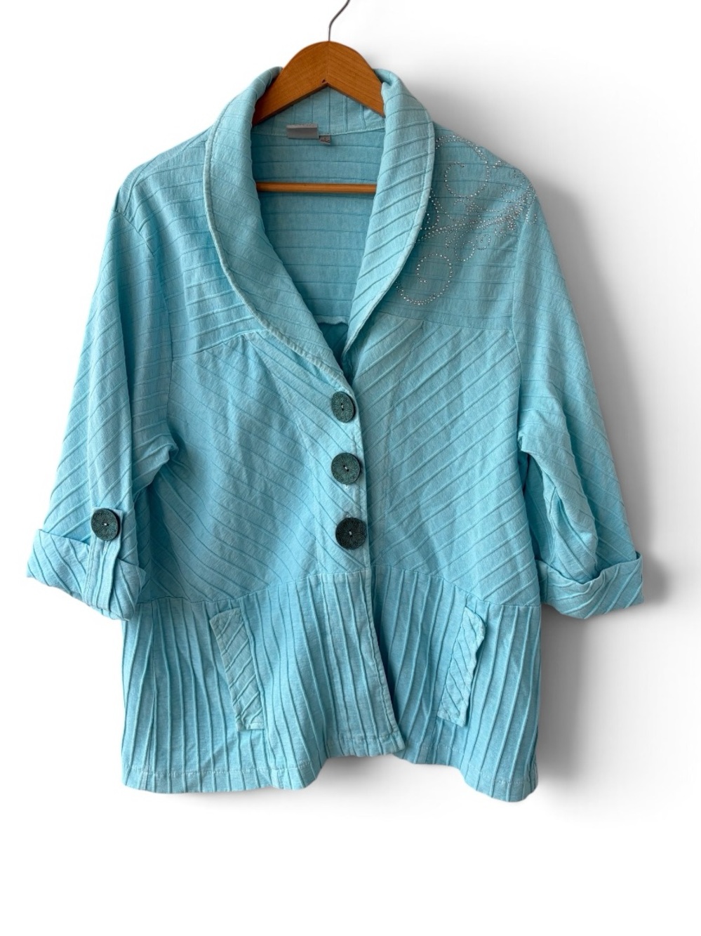 Focus Women’s  Aqua Blue Rhinestone Embellished Cotton Blend Jacket Large